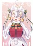  1girl :d ^_^ ahoge bangs bell black_gloves blonde_hair blush capelet christmas closed_eyes dress eyebrows_visible_through_hair fal fate/grand_order fate_(series) fur_trim gift gloves green_ribbon hair_ribbon headpiece highres holding holding_gift jeanne_alter jeanne_alter_(santa_lily)_(fate) merry_christmas open_mouth red_ribbon ribbon ruler_(fate/apocrypha) short_dress smile snowflake_background snowflakes solo striped striped_ribbon teeth upper_body white_dress 