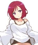  1girl breasts frown head_tilt highres icehotmilktea large_breasts light_blush looking_at_viewer love_live! love_live!_school_idol_project midriff navel nishikino_maki off_shoulder redhead shirt short_hair solo violet_eyes 