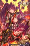  1girl age_of_ishtaria armor bangs breasts copyright_name eyebrows_visible_through_hair fang fire gauntlets hair_between_eyes highres holding holding_spear holding_weapon large_breasts legs_crossed long_hair looking_at_viewer official_art open_mouth polearm ponytail purple_hair red_eyes sitting smile solo spear very_long_hair watermark weapon yaman_(yamanta_lov) yukimura_(ishtaria) 