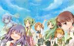  2boys 6+girls bangs blonde_hair blush brown_hair closed_eyes furude_rika green_eyes green_hair grey_eyes hanyuu higurashi_no_naku_koro_ni horns houjou_satoko houjou_satoshi long_hair looking_at_viewer maebara_keiichi multiple_boys multiple_girls one_eye_closed open_mouth purple_hair ryuuguu_rena short_hair sidelocks skirt smile sonozaki_mion sonozaki_shion transparent tsukishio_kanoka 