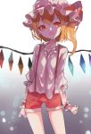  1girl alternate_costume blonde_hair bow chromatic_aberration crystal fang flandre_scarlet hat hat_bow looking_at_viewer mob_cap open_mouth pokan_(xz1128) red_eyes red_shorts shirt short_hair shorts side_ponytail solo standing suspender_shorts suspenders touhou white_shirt wings wrist_cuffs 