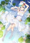  1girl bangs bare_legs bare_shoulders barefoot bison_cangshu blue_eyes blush dress flower from_above head_wreath long_hair looking_at_viewer lying on_back open_mouth partially_submerged silver_hair solo unicorn_(zhan_jian_shao_nyu) water wet white_dress zhan_jian_shao_nyu 