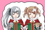  2girls :d ^_^ alternate_costume anger_vein bell blush bow box brown_hair capelet chibi closed_eyes cosplay double_bun gift gift_box hair_bow hair_ribbon kantai_collection kasumi_(kantai_collection) kuma_(kantai_collection) kuma_(kantai_collection)_(cosplay) long_hair looking_at_viewer michishio_(kantai_collection) mittens multiple_girls open_mouth pointing pointing_at_viewer remodel_(kantai_collection) ribbon santa_costume school_uniform side_ponytail silver_hair smile suspenders tk8d32 twintails waving_arms 