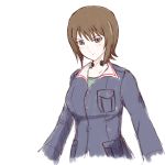  1girl brown_eyes brown_hair cropped_arms cropped_torso girls_und_panzer looking_at_viewer mito_(mitotank) nishizumi_maho short_hair sketch smirk solo throat_microphone uniform white_background 
