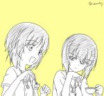  2girls :d bangs blush casual chin_rest commentary_request cup eating eye_contact female fork girls_und_panzer head_rest holding holding_cup holding_fork jewelry looking_at_another monochrome multiple_girls necklace nishizumi_maho nishizumi_miho open_mouth short_hair short_sleeves siblings simple_background sisters sketch smile taian talking twitter_username upper_body 