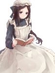  1girl apron blue_eyes book braid brown_hair expressionless frilled_apron frills hair_ornament hairclip hat kashiwagi_chisame long_hair long_sleeves looking_down maid open_book original reading simple_background single_braid solo white_background 