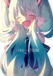  1girl :d ^_^ aqua_hair blush character_name closed_eyes hatsune_miku holding holding_hair long_hair open_mouth simple_background smile solo twintails vocaloid white_background yuno_tsuitta 