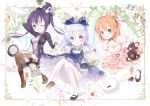  3girls alice_in_wonderland animal_ears anko_(gochuumon_wa_usagi_desuka?) arm_behind_head black_hat black_legwear blue_dress blue_eyes blue_ribbon bow bowtie breasts card choker cleavage clock dress frilled_dress frills gochuumon_wa_usagi_desu_ka? hair_ribbon hand_holding hat heart highres holding hoto_cocoa interlocked_fingers kafuu_chino multiple_girls neck_ribbon one_eye_closed orange_hair pantyhose purple_hair rabbit_ears red_bow ribbon ribbon_choker short_hair siloteddy silver_hair small_breasts striped striped_ribbon tedeza_rize tippy_(gochuumon_wa_usagi_desu_ka?) violet_eyes white_legwear wild_geese 