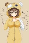  1girl animal_costume bandage bangs bear_costume blush boko_(girls_und_panzer) boko_(girls_und_panzer)_(cosplay) breasts brown_background brown_eyes brown_hair cleavage closed_mouth cosplay cowboy_shot embarrassed eyepatch female frown girls_und_panzer heart large_breasts nishizumi_maho simple_background sketch solo standing sync_(id_12519877) translated 