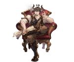  1boy ahoge barawa beard boots brown_eyes brown_hair chair doraf facial_hair granblue_fantasy gun horns male_focus minaba_hideo official_art open_mouth pipe pipe_in_mouth smoking solo teeth transparent_background weapon 