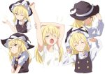  1girl :d ;) arms_up black_vest blonde_hair bow braid buttons capelet double_v dress_shirt expressions grin hair_bow half-closed_eyes hand_on_headwear hands_up hat hat_bow hat_over_one_eye high_collar kirisame_marisa long_hair long_sleeves messy_hair nise_(__nise6__) one_eye_closed open_mouth shirt short_sleeves side_braid simple_background single_braid sleepy smile solo star star_print stretch tears teeth touhou v vest white_background white_bow white_shirt witch_hat yawning yellow_eyes 