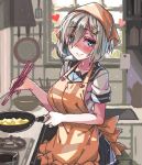  1girl apron bandanna blush chopsticks commentary_request cooking frying_pan hair_ornament hairclip hamakaze_(kantai_collection) heart indoors jewelry kantai_collection looking_at_viewer moze pleated_skirt ring school_uniform serafuku silver_hair skirt smile solo spatula stove wedding_band 