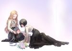  4girls black_hair black_legwear black_skirt blonde_hair blush bob_cut character_name closed_eyes commentary commentary_request crying crying_with_eyes_open cuddling eye_contact face-to-face flower flowers_(innocent_grey) flowers_(series) grey_hair hair_flower hair_ornament hand_in_hair hand_on_another&#039;s_cheek hand_on_another&#039;s_face hand_on_another&#039;s_head hug irua komikado_nerine lap_pillow long_hair looking_at_another lying multiple_girls one_eye_closed one_side_up open_mouth pantyhose pleated_skirt ribbon sasaki_ichigo sasaki_ringo school_uniform seiza short_hair simple_background sitting skirt sleeping sleeping_on_person smile tears text twintails wavy_hair yatsushiro_yuzuriha yuri 