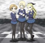  3girls assam black_legwear blonde_hair blue_eyes clouds cup darjeeling girls_und_panzer highres kamishima_kanon long_hair looking_at_viewer multiple_girls necktie orange_pekoe pantyhose short_hair smile sweater teacup teapot 