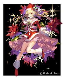  1girl :3 bare_legs black_background blonde_hair blush breasts cleavage dress eyebrows_visible_through_hair fang flower frilled_dress frills fur_trim hat highres long_hair looking_at_viewer matsui_hiroaki official_art orange_eyes santa_costume santa_hat smile sparkle star thousand_memories 