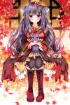  1girl animal_ears autumn_leaves bangs black_hair black_legwear blush boots bow cat cat_ears cat_girl cat_tail cross-laced_footwear eyebrows_visible_through_hair frilled_bow frills hair_bow holding_cat japanese_clothes jitome kimono lace-up_boots leaf legs_together long_hair looking_at_viewer maple_leaf nogi_takayoshi original own_hands_together pantyhose red_bow red_eyes red_kimono shawl sitting smile solo tail 