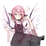  1girl ahoge animal_ears arm_belt bird_wings cowboy_shot fingernails highres kuroneko_no_toorimichi mystia_lorelei no_hat no_headwear pink_hair red_eyes sharp_fingernails simple_background solo touhou white_background wings 