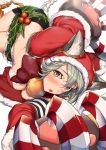  1girl animal_ears blush breasts brown_eyes christmas claw_(weapon) detached_sleeves granblue_fantasy grey_hair hood hoodie mikurou_(nayuta) sen_(granblue_fantasy) sideboob skirt weapon 