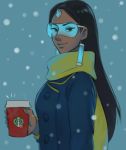  1girl bangs black_hair blue_coat brown_eyes buttons closed_mouth coat coffee cup cutebimu dark_skin drinking_cup earrings eyeliner forehead_jewel from_side glasses hand_up holding holding_cup jewelry long_hair long_sleeves looking_at_viewer makeup nose parted_bangs scarf smile snowing solo starbucks symmetra_(overwatch) upper_body yellow_scarf 