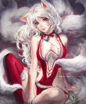  :p ahri alternate_costume alternate_hair_color animal_ears bangs bare_shoulders bell bell_choker breasts brown_eyes choker christmas cleavage facial_mark fox_ears fox_tail fur-trimmed_legwear fur_trim heart heart-shaped_pupils knee_up league_of_legends long_hair looking_at_viewer medium_breasts multiple_tails phong_anh red_legwear sitting sleeveless symbol-shaped_pupils tail thigh-highs tongue tongue_out whisker_markings white_hair 