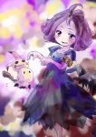 1girl acerola_(pokemon) armlet blush dress fake_wings flipped_hair flying_sweatdrops hair_ornament looking_at_viewer mimikyu open_mouth pokemon pokemon_(creature) purple_hair short_hair smile stitches topknot trial_captain unya wings 