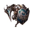  armor armored_boots boots brown_eyes brown_hair deliford gloves granblue_fantasy helmet minaba_hideo official_art polearm shield solo spear transparent_background weapon 