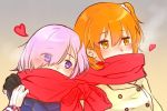  2girls artist_request fate/grand_order fate_(series) fujimaru_ritsuka_(female) multiple_girls orange_eyes orange_hair purple_hair scarf shared_scarf shielder_(fate/grand_order) short_hair short_ponytail side_ponytail violet_eyes yuri 