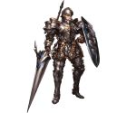  armor armored_boots boots brown_eyes brown_hair deliford gloves granblue_fantasy helmet minaba_hideo official_art polearm shield solo spear transparent_background weapon 