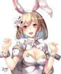  1girl alternate_costume animal_ears artist_name bare_shoulders blonde_hair breasts bunny_girl bunnysuit cleavage clenched_hands commentary_request dated detached_collar djeeta_(granblue_fantasy) fake_animal_ears flower granblue_fantasy hair_flower hair_ornament highres open_mouth rabbit_ears sage_(granblue_fantasy) saraki short_hair solo upper_body wrist_cuffs yellow_eyes 