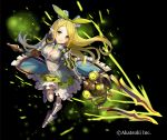  1girl armor armored_boots armored_dress black_background blonde_hair boots breasts cleavage dress frilled_dress frills full_body gauntlets green_eyes hair_ribbon highres long_hair looking_at_viewer matsui_hiroaki official_art pointy_ears polearm ribbon smile solo spear thousand_memories weapon 