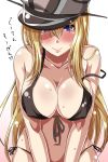  1girl alternate_costume ar_(lover_boy) bare_arms bare_shoulders bikini bismarck_(kantai_collection) black_bikini blonde_hair blue_eyes blush breasts closed_eyes closed_mouth collarbone cowboy_shot erect_nipples front-tie_bikini front-tie_top hair_between_eyes hat highres kantai_collection large_breasts leaning_forward long_hair looking_at_viewer military_hat navel peaked_cap side-tie_bikini smile solo stomach strap_slip sweat swimsuit translated v_arms 