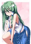  1girl :o armpits bangs bare_arms bare_shoulders blue_skirt blush breasts cleavage commentary_request dressing frog_hair_ornament from_side green_eyes green_hair groin hair_ornament hair_tubes highres hip_vent japanese_clothes kochiya_sanae leaning_forward long_hair looking_at_viewer looking_to_the_side medium_breasts miko no_bra no_panties nori_tamago nose_blush shirt sideboob sidelocks skirt sleeveless sleeveless_shirt snake_hair_ornament solo touhou white_shirt 