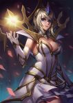  1girl armpits bangs blue_eyes breasts cleavage closed_mouth cowboy_shot dress elbow_gloves elementalist_lux gloves hair_ornament hairband headgear highres hou_akira league_of_legends looking_at_viewer luxanna_crownguard medium_breasts short_dress short_hair sideboob silver_hair smile solo white_dress white_gloves 