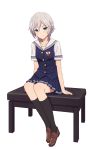  1girl anastasia_(idolmaster) bangs black_legwear blue_eyes blue_skirt brown_shoes collarbone eyebrows_visible_through_hair hair_between_eyes highres idolmaster idolmaster_cinderella_girls kneehighs legs_together loafers long_legs looking_at_viewer piano_bench pleated_skirt school_uniform serafuku shoes silver_hair simple_background sitting skirt solo white_background yahiro_(epicopeiidae) 