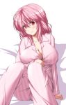  1girl alternate_costume arm_support bangs blush breasts cleavage closed_mouth collarbone highres large_breasts long_sleeves looking_at_viewer nori_tamago pajamas pink_hair red_eyes saigyouji_yuyuko sitting smile solo striped striped_pajamas touhou unbuttoned 