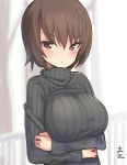  1girl bangs black_sweater breast_hold breasts casual character_name closed_mouth crossed_arms girls_und_panzer kemu_(guruguru_dan) large_breasts long_sleeves looking_at_viewer nishizumi_maho ribbed_sweater short_hair solo standing sweater upper_body 