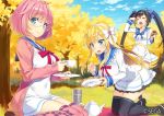  3girls argyle argyle_legwear autumn black_hair black_legwear blonde_hair blue_eyes blush cardigan chunithm cup dress eating hair_ribbon hairband happy kneeling long_hair looking_at_viewer mmu multiple_girls official_art open_mouth outdoors picnic pink_hair ribbon sailor_collar school_uniform short_hair sitting smile standing standing_on_one_leg teacup thigh-highs twintails very_long_hair wariza 