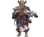  1boy bakura_(granblue_fantasy) bandage doraf full_body granblue_fantasy horns instrument japanese_clothes male_focus mask minaba_hideo official_art sandals simple_background solo sword transparent_background weapon 