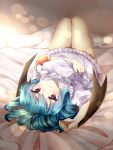  1girl blue_hair blush cheunes dress hat hat_removed headwear_removed highres holding holding_hat legs_together lying mob_cap on_back on_bed red_eyes remilia_scarlet short_dress touhou wavy_mouth white_dress 