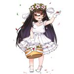  1girl arm_up basket black-framed_eyewear black_hair braid choker deneb_(noble324) dress flower full_body glasses gloves hair_flower hair_ornament hanasaki_tomoyo_(uchi_no_hime-sama) headdress holding long_hair looking_at_viewer official_art open_mouth petals red_eyes semi-rimless_glasses solo transparent_background uchi_no_hime-sama_ga_ichiban_kawaii white_dress white_gloves younger 