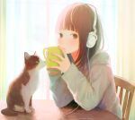  1girl animal bangs blunt_bangs brown_hair cable cat chair closed_mouth coffee_mug commentary_request cup day fingernails headphones highres hinata_(lipcream) holding holding_cup holding_mug long_sleeves looking_at_viewer mug nail_polish on_chair original pink_nails sitting sleeves_past_wrists solo sunlight table 