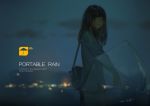  1girl bag black_hair blurry city_lights clouds dark dated hjl long_hair looking_at_viewer looking_to_the_side night original school_bag signature sky solo umbrella 
