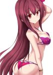  1girl arm_behind_head ass bikini bracelet breasts cleavage cowboy_shot eyebrows_visible_through_hair fate/grand_order fate_(series) flower from_side hair_flower hair_ornament highres jewelry large_breasts long_hair looking_at_viewer mito_yoshihiro purple_hair red_eyes scathach_(fate/grand_order) scathach_(swimsuit_assassin)_(fate) solo swimsuit white_background 