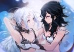  2girls absurdres arm_up armor armpits bikini_armor black_hair blush breast_grab gloves grabbing grey_eyes highres long_hair multiple_girls off_shoulder okuto original red_eyes white_hair yuri 