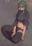  1girl character_request crop_top green_hair highres jacket knife_in_head long_hair midriff navel runny_makeup saliva short_shorts shorts sitting solo tearing_up tekito03 thigh-highs 