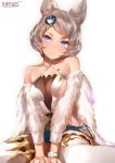  1girl animal_ears bangs bare_shoulders blue_eyes bracelet breasts closed_mouth detached_sleeves erun_(granblue_fantasy) eyebrows eyebrows_visible_through_hair frills fur_trim granblue_fantasy hair_ornament halterneck head_tilt heart_hair_ornament highres jewelry large_breasts looking_at_viewer mole mole_under_mouth short_hair sideboob silver_hair simple_background sitting solo stella_(granblue_fantasy) swept_bangs thigh-highs wariza white_background white_legwear yaman_(yamanta_lov) 