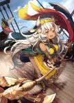  1girl :3 animal_ears bare_shoulders barefoot_sandals bent_over black_gloves breasts cat_ears commentary commentary_request dark_skin deck erun_(granblue_fantasy) feathers flower gloves granblue_fantasy green_eyes grey_hair hair_flower hair_ornament halberd highres holding holding_weapon leaning_forward long_hair nemone open_mouth polearm sandals ship silver_hair smile solo standing very_long_hair watercraft weapon yuu_(higashi_no_penguin) 