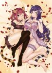  2girls absurdres animal_ears babydoll barefoot blush breasts cat_ears cat_tail detached_sleeves hands_on_own_chest highres large_breasts lingerie long_hair multiple_girls musyasabu no_shoes petals puffy_detached_sleeves puffy_sleeves purple_hair redhead tail tiger_ears tiger_tail toranoana underwear 
