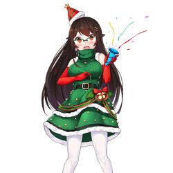  1girl bell belt black_hair braid confetti deneb_(noble324) dress elbow_gloves gloves hanasaki_tomoyo_(uchi_no_hime-sama) hat long_hair looking_at_viewer open_mouth pantyhose red_eyes red_gloves solo turtleneck uchi_no_hime-sama_ga_ichiban_kawaii white_legwear 