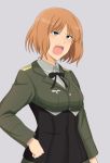  1girl bangs black_ribbon blue_eyes blush brave_witches breasts brown_hair collared_shirt corset cowboy_shot grey_background gundula_rall hand_on_hip long_sleeves military military_uniform open_mouth parted_bangs ribbon shirt short_hair shouting solo teeth uniform world_witches_series 